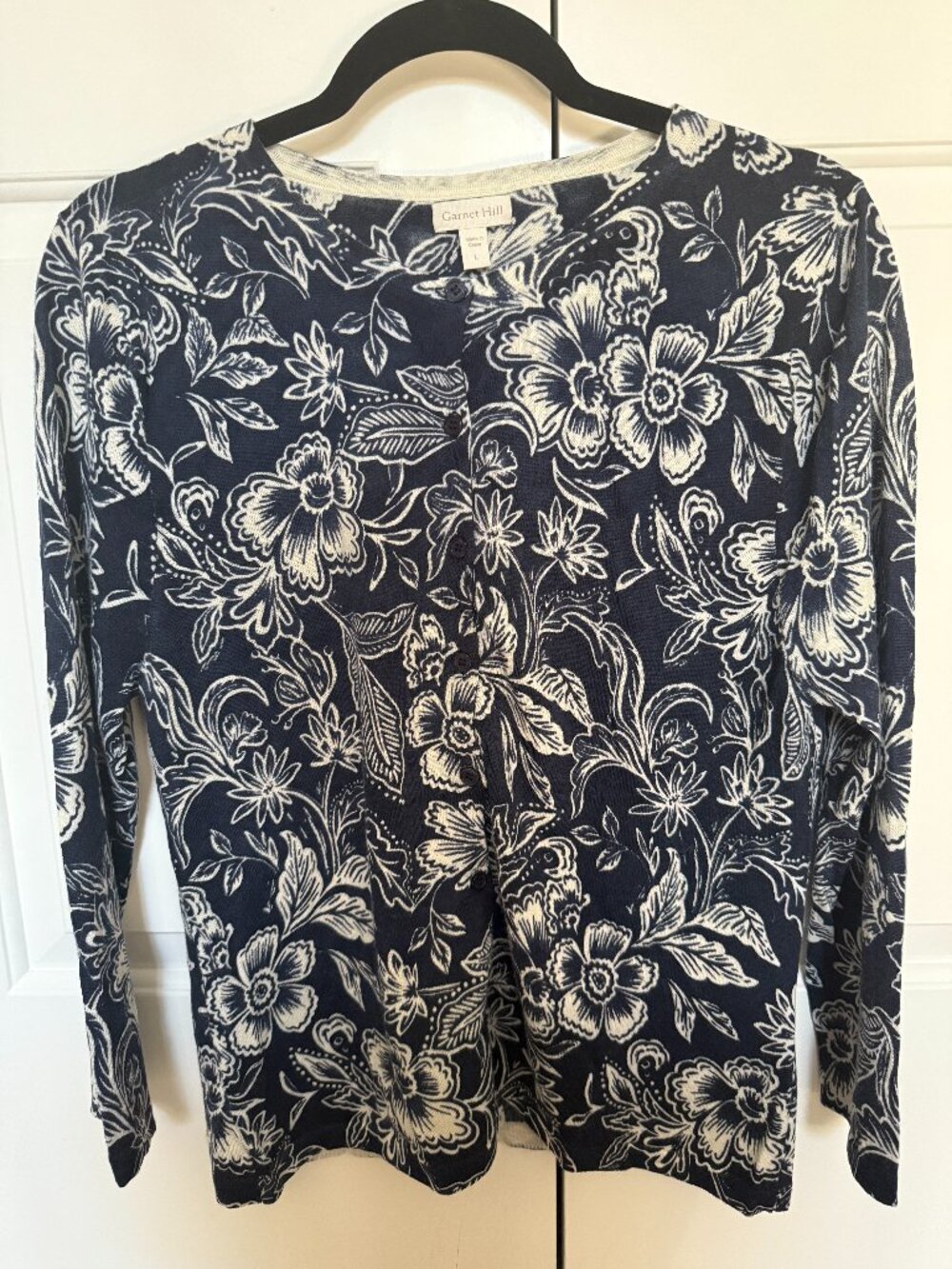 Garnet Hill Signature Eco Merino Wool Floral Crew Neck Cardigan Size L